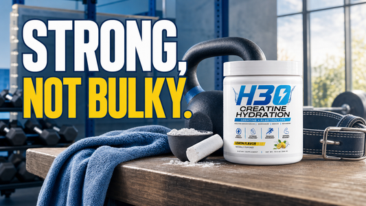Strength training bench with kettlebell and H3O tub — strong, not bulky