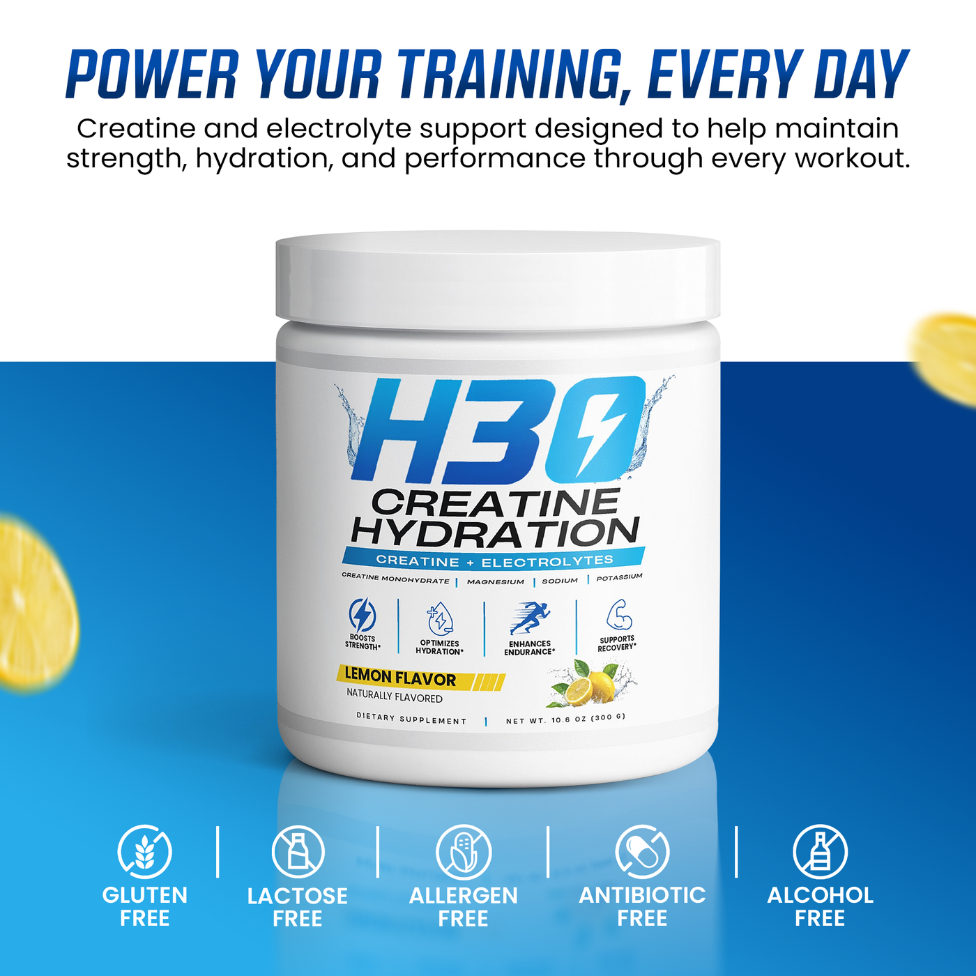 H3O Creatine Hydration Powder tub with lemon — power your training every day