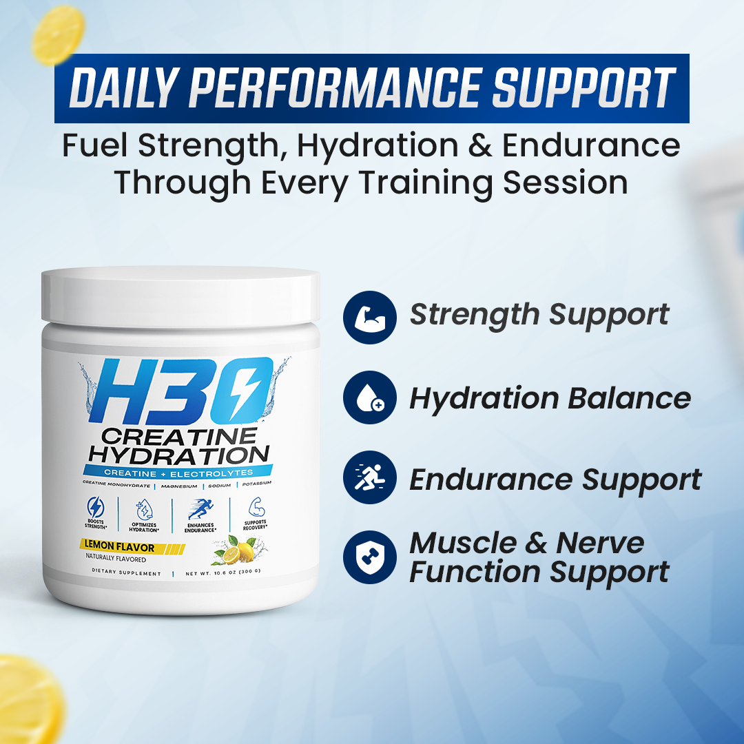 H3O daily performance support — strength, hydration balance, endurance, muscle and nerve function