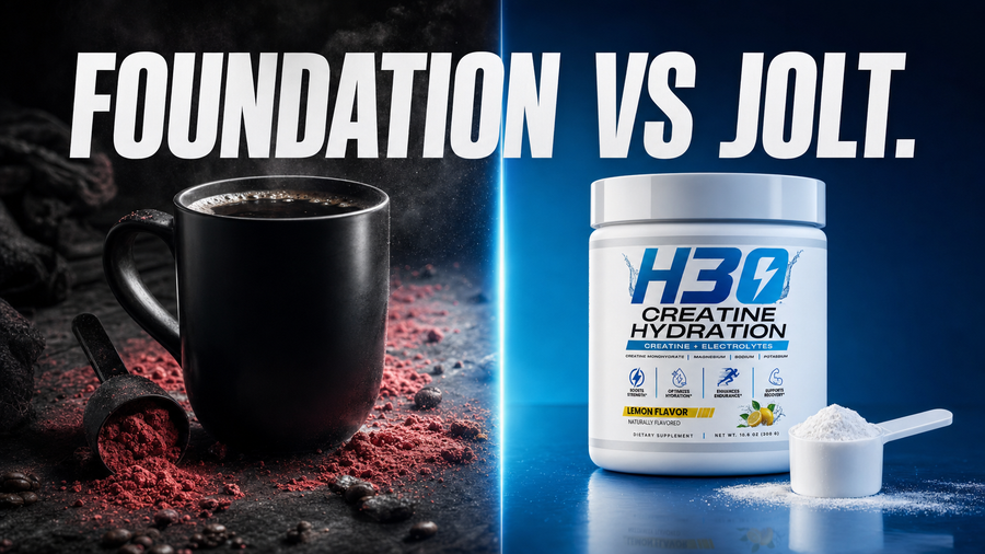 Coffee and pre-workout chaos versus the calm H3O foundation — foundation vs jolt