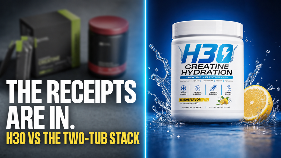 Blurred competitor electrolyte sticks and creatine tub versus the H3O tub — the receipts are in