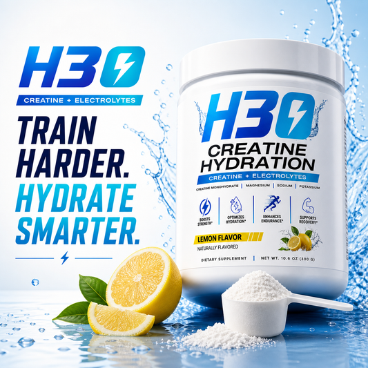 H3O Creatine Hydration Powder lemon — 5g creatine monohydrate with electrolytes, tub front