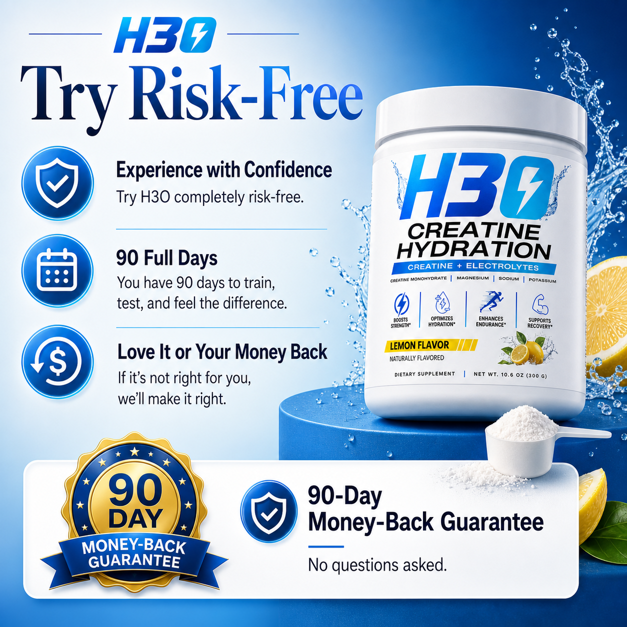 H3O creatine monohydrate powder with electrolytes for strength and endurance training