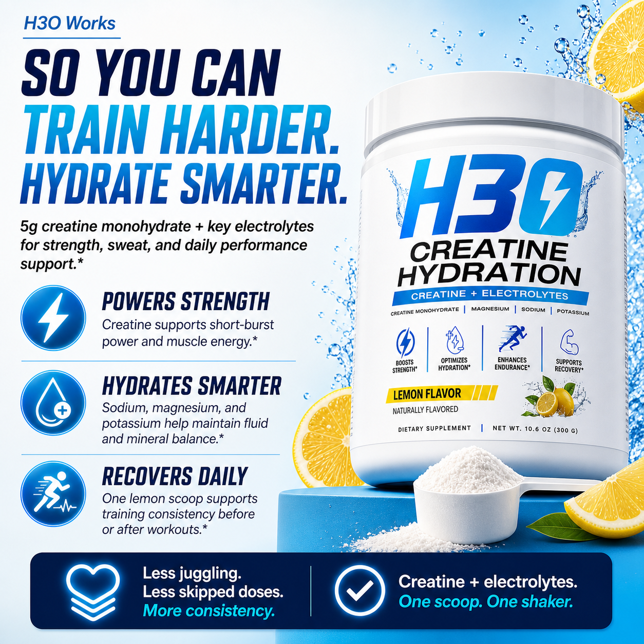 H3O creatine and electrolyte powder for muscle performance — magnesium, sodium, potassium