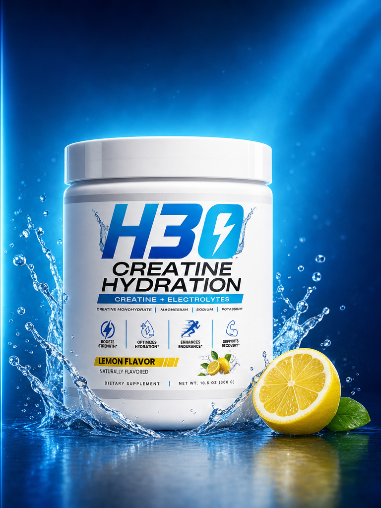The H3O way — one tub of creatine + electrolytes with water splash and lemon