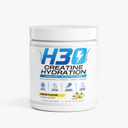H3O Creatine Hydration Powder — 5g creatine monohydrate plus electrolytes, lemon flavor, 30 servings