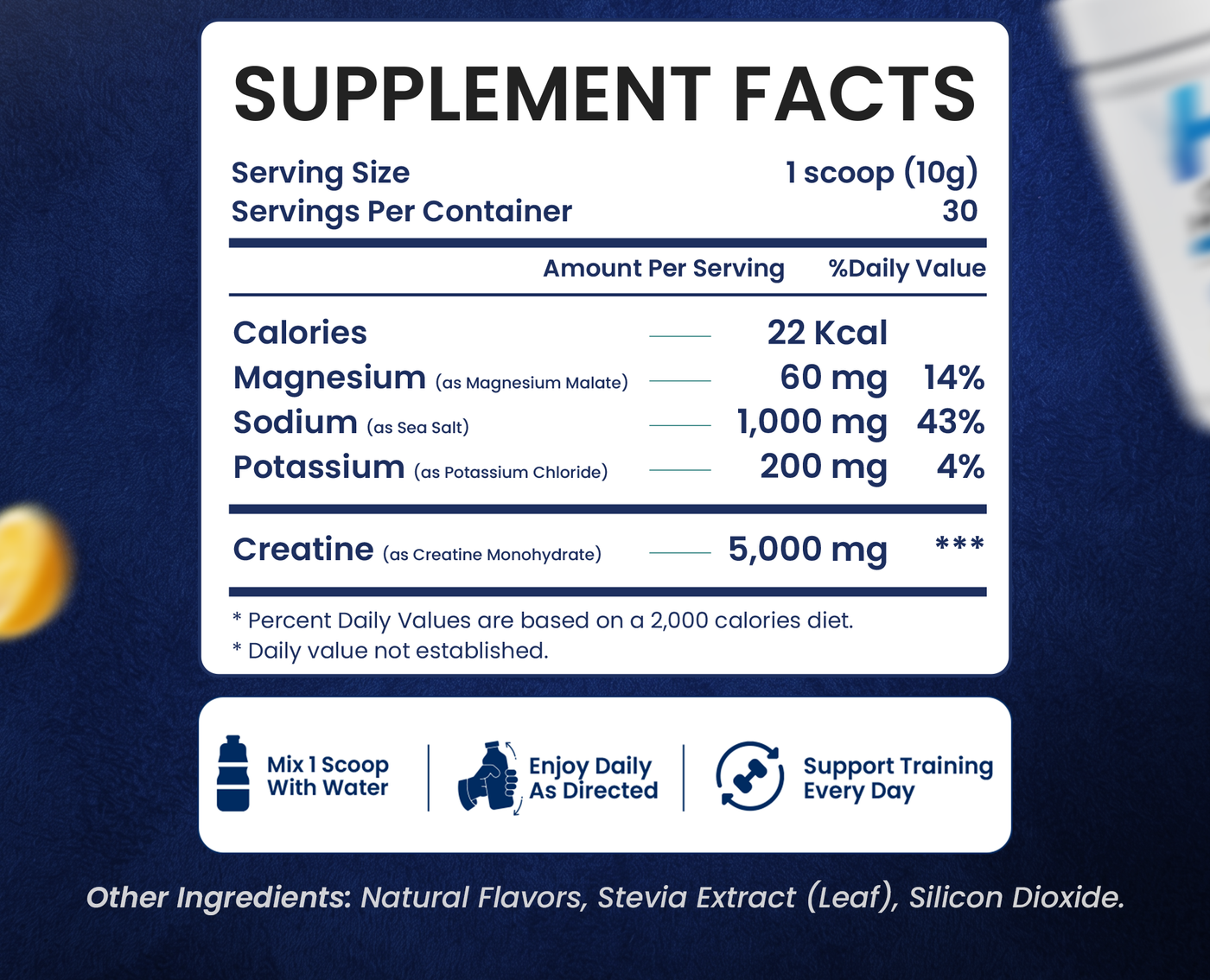 H3O Supplement Facts — 5,000mg creatine monohydrate, 1,000mg sodium, 200mg potassium, 60mg magnesium per scoop
