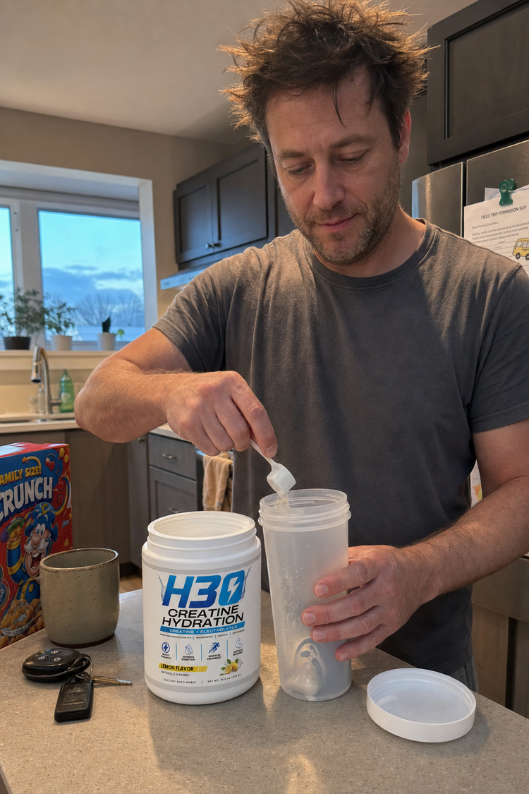 Dad scooping H3O creatine hydration powder into a shaker at dawn in his kitchen