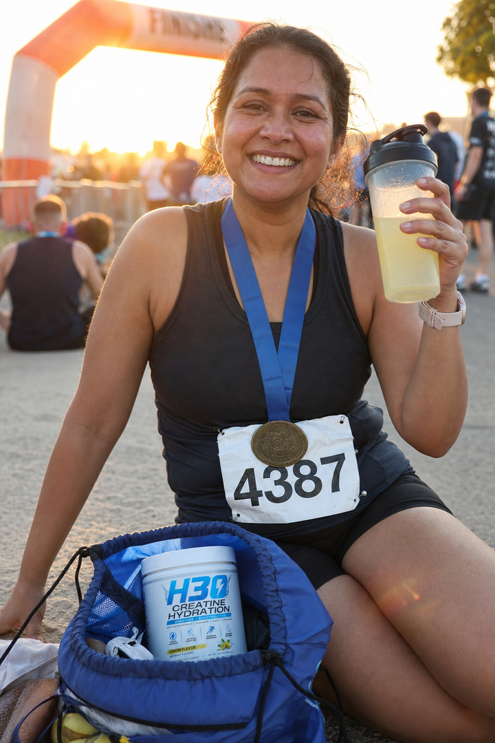 Runner with finisher medal holding a lemon H3O creatine drink at a race finish line