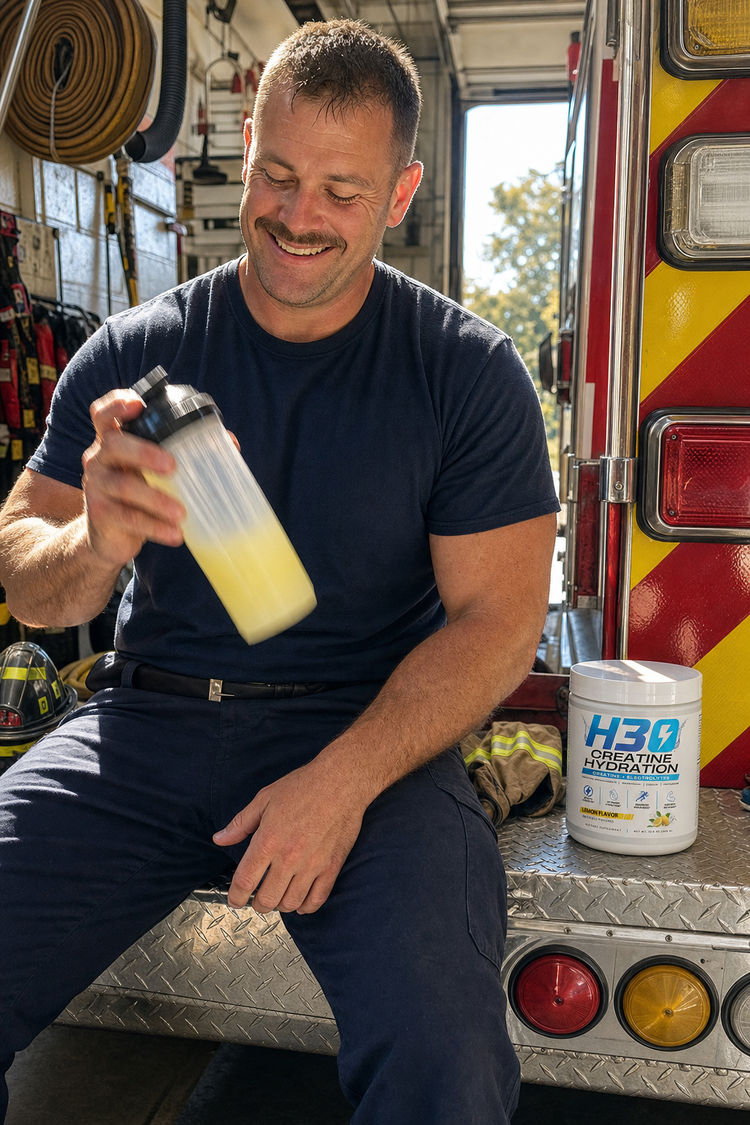 Firefighter mixing an H3O creatine electrolyte shaker on a fire truck bumper