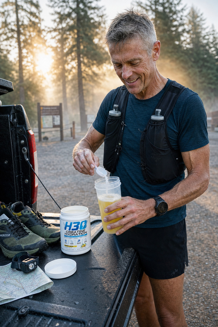 Trail runner pouring H3O creatine hydration powder into a shaker at a misty trailhead